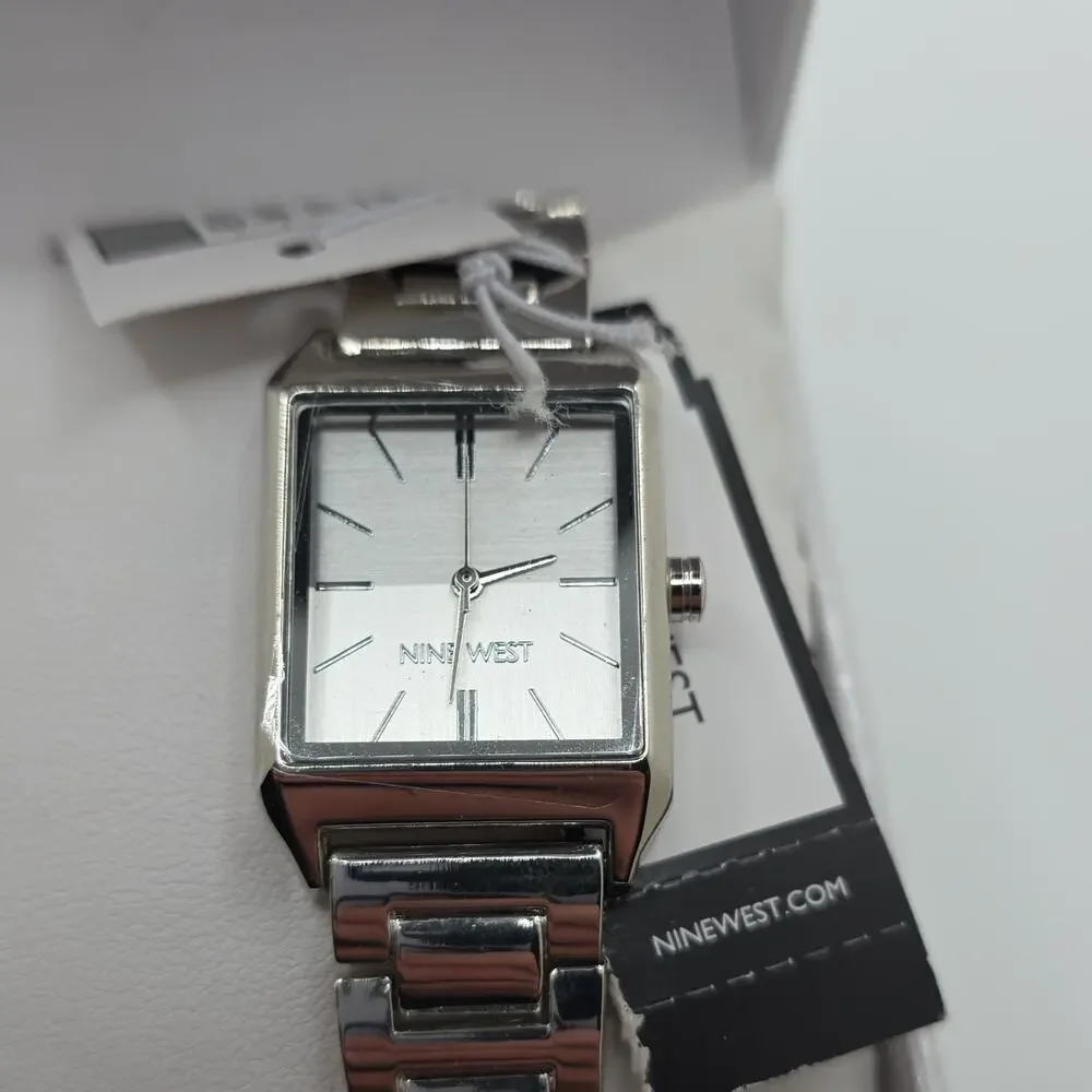 Nine West Women’s Analog Quartz Rectangle Silver Tone Bracelet Watch w/ Box